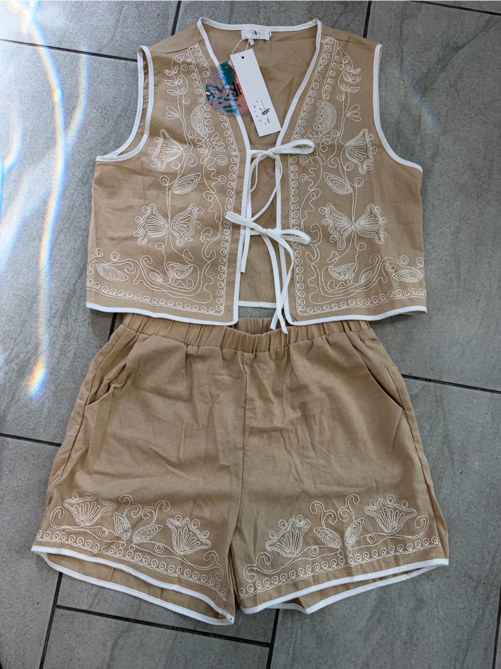 Beige Embroidered Two-Piece Set with White Trim